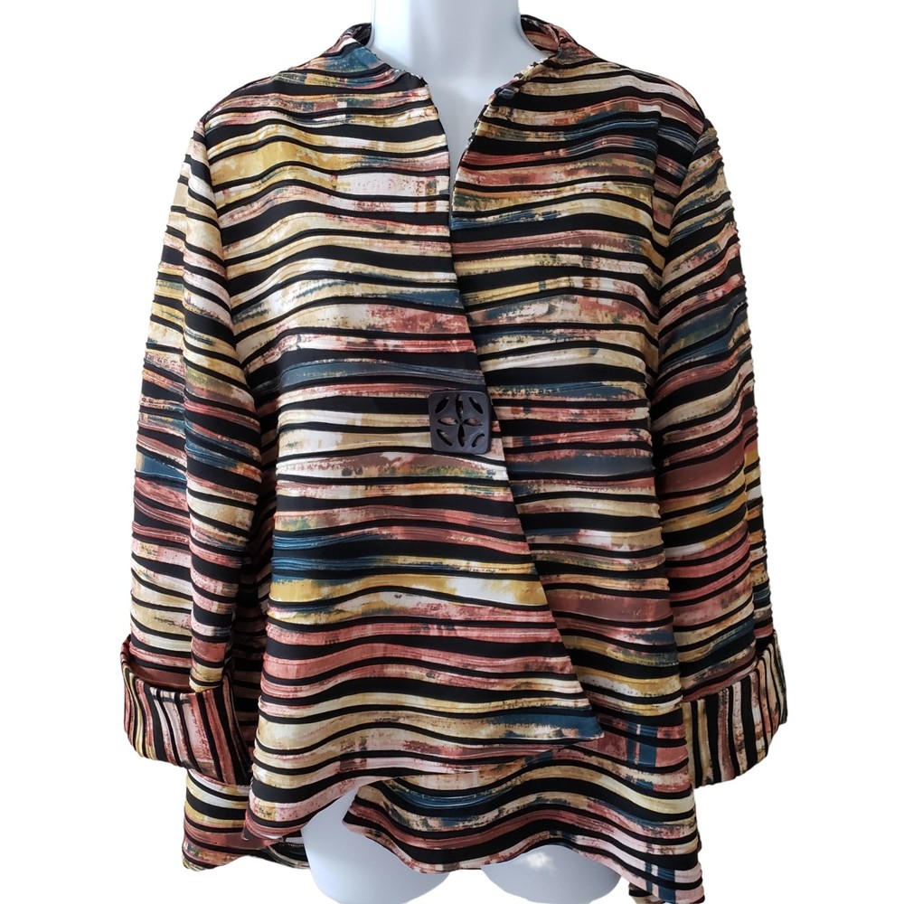 IC by Connie K Asymmetrical Striped Art One Button Jacket, Mustard/Multi, Sz XL